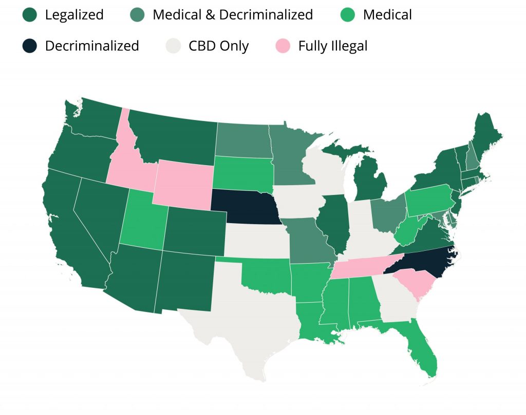 Colored map showing where marijuana is legal in the United States.